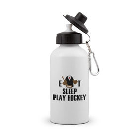 Бутылка спортивная с принтом Eat sleep play hockey в Курске, металл | емкость — 500 мл, в комплекте две пластиковые крышки и карабин для крепления | hockey | nhl | ешь | играй в хоккей | нхл | спи | хоккей
