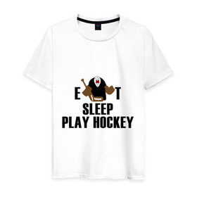 Мужская футболка хлопок с принтом Eat sleep play hockey в Курске, 100% хлопок | прямой крой, круглый вырез горловины, длина до линии бедер, слегка спущенное плечо. | Тематика изображения на принте: hockey | nhl | ешь | играй в хоккей | нхл | спи | хоккей