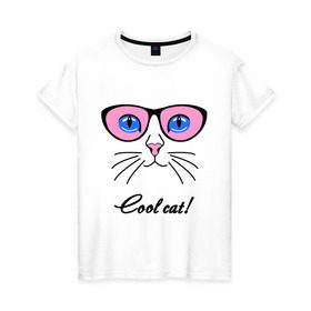 Женская футболка хлопок с принтом Кошка в очках (крутая кошка) в Курске, 100% хлопок | прямой крой, круглый вырез горловины, длина до линии бедер, слегка спущенное плечо | cool cat | девушкам | киса | кот | котенок | котик | кошка | кошка в очках | крутая кошка | кул кэт | пафос