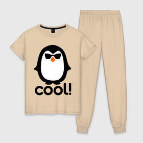 Женская пижама хлопок с принтом Стильный клевый крутой пингвин в Курске, 100% хлопок | брюки и футболка прямого кроя, без карманов, на брюках мягкая резинка на поясе и по низу штанин | пингвин