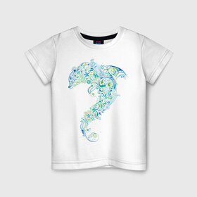 Детская футболка хлопок с принтом Абстрактный дельфин в Курске, 100% хлопок | круглый вырез горловины, полуприлегающий силуэт, длина до линии бедер | абстрактный дельфин | дельфин | животные | морские животные | орнамент | рисунок | цветочный орнамент