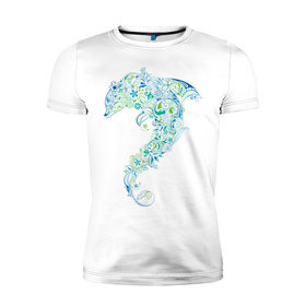 Мужская футболка премиум с принтом Абстрактный дельфин в Курске, 92% хлопок, 8% лайкра | приталенный силуэт, круглый вырез ворота, длина до линии бедра, короткий рукав | абстрактный дельфин | дельфин | животные | морские животные | орнамент | рисунок | цветочный орнамент