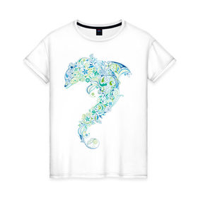 Женская футболка хлопок с принтом Абстрактный дельфин в Курске, 100% хлопок | прямой крой, круглый вырез горловины, длина до линии бедер, слегка спущенное плечо | абстрактный дельфин | дельфин | животные | морские животные | орнамент | рисунок | цветочный орнамент