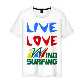 Мужская футболка хлопок с принтом Виндсерфинг в Курске, 100% хлопок | прямой крой, круглый вырез горловины, длина до линии бедер, слегка спущенное плечо. | live | love | sport | wind surfing | windsurfing | экстремальный | экстрим