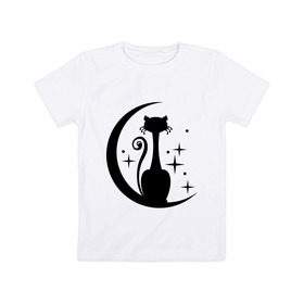 Детская футболка хлопок с принтом Кошка на луне в Курске, 100% хлопок | круглый вырез горловины, полуприлегающий силуэт, длина до линии бедер | звезды | киса | луна | месяц | ночная | ночь