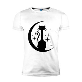Мужская футболка премиум с принтом Кошка на луне в Курске, 92% хлопок, 8% лайкра | приталенный силуэт, круглый вырез ворота, длина до линии бедра, короткий рукав | звезды | киса | луна | месяц | ночная | ночь