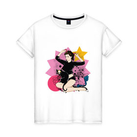 Женская футболка хлопок с принтом девушка с кошкой в Курске, 100% хлопок | прямой крой, круглый вырез горловины, длина до линии бедер, слегка спущенное плечо | девушка | девушкам | для девушек | киса | кошечка | кошка | черная кошка