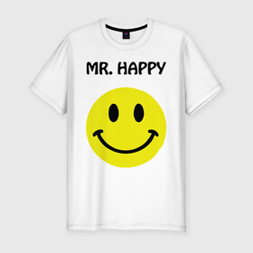 Мужская футболка премиум с принтом мистер счастье в Курске, 92% хлопок, 8% лайкра | приталенный силуэт, круглый вырез ворота, длина до линии бедра, короткий рукав | happy | mr. happy | smile | мистер хэппи | рожица | смайл | смайлик | счастье