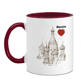 Кружка двухцветная с принтом Люблю Россию (Кремль) в Курске, керамика | объем — 330 мл, диаметр — 80 мм. Цветная ручка и кайма сверху, в некоторых цветах — вся внутренняя часть | moscow | russia | государство | москва | патриот | родина | россия | страна | я русский