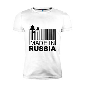 Мужская футболка премиум с принтом Made in Russia штрихкод в Курске, 92% хлопок, 8% лайкра | приталенный силуэт, круглый вырез ворота, длина до линии бедра, короткий рукав | Тематика изображения на принте: made in russia | сделано в россии | че2012 | штрих код | штрихкод | я русский