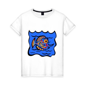 Женская футболка хлопок с принтом Рыба принт в Курске, 100% хлопок | прямой крой, круглый вырез горловины, длина до линии бедер, слегка спущенное плечо | знаки зодиак | зодиак | рыба | рыбалка | рыбка | рыбы