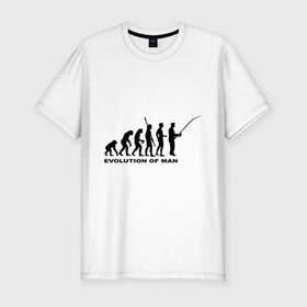 Мужская футболка премиум с принтом Рыбак. Эволюция в Курске, 92% хлопок, 8% лайкра | приталенный силуэт, круглый вырез ворота, длина до линии бедра, короткий рукав | рыба | рыбак | рыбалка | удочка | эволюция