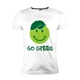 Мужская футболка премиум с принтом Грин смайл в Курске, 92% хлопок, 8% лайкра | приталенный силуэт, круглый вырез ворота, длина до линии бедра, короткий рукав | eco | go green | green | зеленые технологии | зелень | планета | смайл | смайлик | чистота | эко | экология