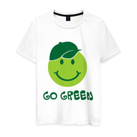 Мужская футболка хлопок с принтом Грин смайл в Курске, 100% хлопок | прямой крой, круглый вырез горловины, длина до линии бедер, слегка спущенное плечо. | eco | go green | green | зеленые технологии | зелень | планета | смайл | смайлик | чистота | эко | экология