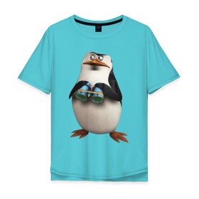Мужская футболка хлопок Oversize с принтом Пингвин с биноклем в Курске, 100% хлопок | свободный крой, круглый ворот, “спинка” длиннее передней части | пингвин