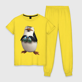 Женская пижама хлопок с принтом Пингвин с биноклем в Курске, 100% хлопок | брюки и футболка прямого кроя, без карманов, на брюках мягкая резинка на поясе и по низу штанин | пингвин