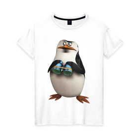 Женская футболка хлопок с принтом Пингвин с биноклем в Курске, 100% хлопок | прямой крой, круглый вырез горловины, длина до линии бедер, слегка спущенное плечо | пингвин