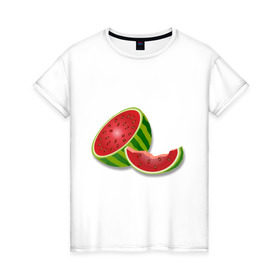 Женская футболка хлопок с принтом арбузик в Курске, 100% хлопок | прямой крой, круглый вырез горловины, длина до линии бедер, слегка спущенное плечо | Тематика изображения на принте: арбуз | арбузная долька | вкусное | девушкам | фрукты | фрукты и ягоды