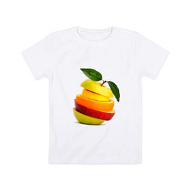Детская футболка хлопок с принтом мега яблоко в Курске, 100% хлопок | круглый вырез горловины, полуприлегающий силуэт, длина до линии бедер | Тематика изображения на принте: апельсин | брызги | вода | лимон | фрукты | яблоко