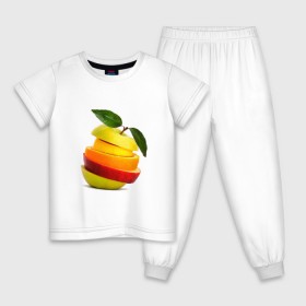 Детская пижама хлопок с принтом мега яблоко в Курске, 100% хлопок |  брюки и футболка прямого кроя, без карманов, на брюках мягкая резинка на поясе и по низу штанин
 | Тематика изображения на принте: апельсин | брызги | вода | лимон | фрукты | яблоко