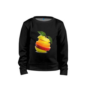 Детский свитшот хлопок с принтом мега яблоко в Курске, 100% хлопок | круглый вырез горловины, эластичные манжеты, пояс и воротник | Тематика изображения на принте: апельсин | брызги | вода | лимон | фрукты | яблоко