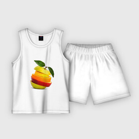 Детская пижама с шортами хлопок с принтом мега яблоко в Курске,  |  | Тематика изображения на принте: апельсин | брызги | вода | лимон | фрукты | яблоко