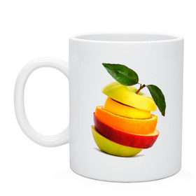 Кружка с принтом мега яблоко в Курске, керамика | объем — 330 мл, диаметр — 80 мм. Принт наносится на бока кружки, можно сделать два разных изображения | Тематика изображения на принте: апельсин | брызги | вода | лимон | фрукты | яблоко