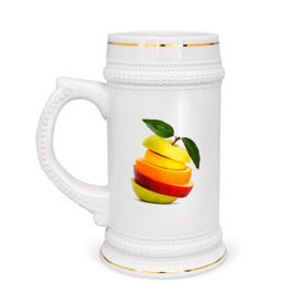 Кружка пивная с принтом мега яблоко в Курске,  керамика (Материал выдерживает высокую температуру, стоит избегать резкого перепада температур) |  объем 630 мл | Тематика изображения на принте: апельсин | брызги | вода | лимон | фрукты | яблоко
