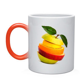 Кружка хамелеон с принтом мега яблоко в Курске, керамика | меняет цвет при нагревании, емкость 330 мл | Тематика изображения на принте: апельсин | брызги | вода | лимон | фрукты | яблоко