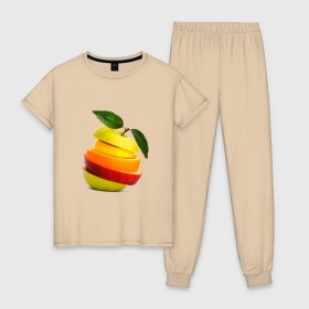 Женская пижама хлопок с принтом мега яблоко в Курске, 100% хлопок | брюки и футболка прямого кроя, без карманов, на брюках мягкая резинка на поясе и по низу штанин | Тематика изображения на принте: апельсин | брызги | вода | лимон | фрукты | яблоко