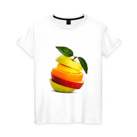 Женская футболка хлопок с принтом мега яблоко в Курске, 100% хлопок | прямой крой, круглый вырез горловины, длина до линии бедер, слегка спущенное плечо | апельсин | брызги | вода | лимон | фрукты | яблоко