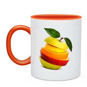 Кружка двухцветная с принтом мега яблоко в Курске, керамика | объем — 330 мл, диаметр — 80 мм. Цветная ручка и кайма сверху, в некоторых цветах — вся внутренняя часть | Тематика изображения на принте: апельсин | брызги | вода | лимон | фрукты | яблоко