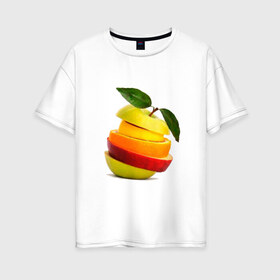 Женская футболка хлопок Oversize с принтом мега яблоко в Курске, 100% хлопок | свободный крой, круглый ворот, спущенный рукав, длина до линии бедер
 | Тематика изображения на принте: апельсин | брызги | вода | лимон | фрукты | яблоко