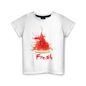 Детская футболка хлопок с принтом Fresh арбуз в Курске, 100% хлопок | круглый вырез горловины, полуприлегающий силуэт, длина до линии бедер | арбуз | вкусное | девушкам | долька арбуза | сочный арбуз | фрукты | фрукты и ягоды