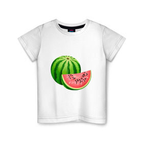 Детская футболка хлопок с принтом Арбуз и долька в Курске, 100% хлопок | круглый вырез горловины, полуприлегающий силуэт, длина до линии бедер | арбуз | вкусное | девушкам | долька | фрукты | фрукты и ягоды