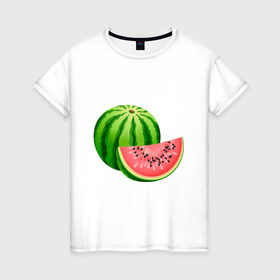 Женская футболка хлопок с принтом Арбуз и долька в Курске, 100% хлопок | прямой крой, круглый вырез горловины, длина до линии бедер, слегка спущенное плечо | арбуз | вкусное | девушкам | долька | фрукты | фрукты и ягоды