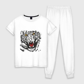 Женская пижама хлопок с принтом Тигр с клыками в Курске, 100% хлопок | брюки и футболка прямого кроя, без карманов, на брюках мягкая резинка на поясе и по низу штанин | животные | животный мир | зубастый тигр | тирг