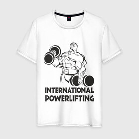 Мужская футболка хлопок с принтом International Powerlifting в Курске, 100% хлопок | прямой крой, круглый вырез горловины, длина до линии бедер, слегка спущенное плечо. | Тематика изображения на принте: 