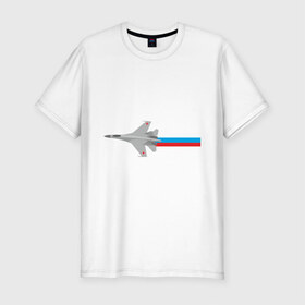 Мужская футболка премиум с принтом Су - 35 в Курске, 92% хлопок, 8% лайкра | приталенный силуэт, круглый вырез ворота, длина до линии бедра, короткий рукав | Тематика изображения на принте: ввс | военно воздушные силы | самолет | силовые структуры | су 35 | су35
