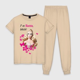 Женская пижама хлопок с принтом I\m Barbie, bitch в Курске, 100% хлопок | брюки и футболка прямого кроя, без карманов, на брюках мягкая резинка на поясе и по низу штанин | Тематика изображения на принте: 90 | 90 е | barbie | барби | кукла | ностальгия