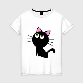 Женская футболка хлопок с принтом Маленький котенок в Курске, 100% хлопок | прямой крой, круглый вырез горловины, длина до линии бедер, слегка спущенное плечо | киса | котенок | котик | кошка | черная кошка | черный кот