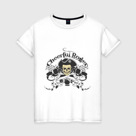 Женская футболка хлопок с принтом Cheerful Roger в Курске, 100% хлопок | прямой крой, круглый вырез горловины, длина до линии бедер, слегка спущенное плечо | cheerful roger | веселый роджер | пиратская метка | пиратский череп | череп