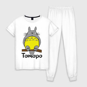 Женская пижама хлопок с принтом тоторо на бревне в Курске, 100% хлопок | брюки и футболка прямого кроя, без карманов, на брюках мягкая резинка на поясе и по низу штанин | anime | totoro | аниме | анимэ. мой сосед тоторо | тоторо