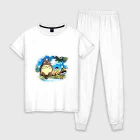 Женская пижама хлопок с принтом Тоторо и его друзья в Курске, 100% хлопок | брюки и футболка прямого кроя, без карманов, на брюках мягкая резинка на поясе и по низу штанин | anime | totoro | аниме | анимэ. мой сосед тоторо | тоторо