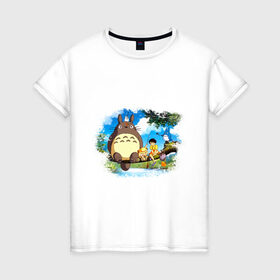 Женская футболка хлопок с принтом Тоторо и его друзья в Курске, 100% хлопок | прямой крой, круглый вырез горловины, длина до линии бедер, слегка спущенное плечо | anime | totoro | аниме | анимэ. мой сосед тоторо | тоторо