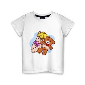Детская футболка хлопок с принтом Девочка и медведь в Курске, 100% хлопок | круглый вырез горловины, полуприлегающий силуэт, длина до линии бедер | детские | для ребенка | дочка | игрушка | медведь | медвежонок | мишка | мишутка