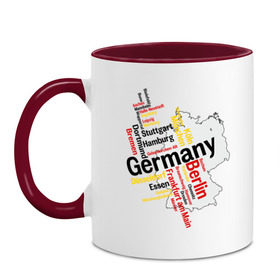 Кружка двухцветная с принтом Германия (крупные города) в Курске, керамика | объем — 330 мл, диаметр — 80 мм. Цветная ручка и кайма сверху, в некоторых цветах — вся внутренняя часть | Тематика изображения на принте: germany | германия | город | города | для туристов | туристические