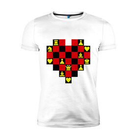 Мужская футболка премиум с принтом Шахматное сердце в Курске, 92% хлопок, 8% лайкра | приталенный силуэт, круглый вырез ворота, длина до линии бедра, короткий рукав | chess | i love chess | сердце | шахматы | я люблю шахматы