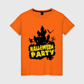 Женская футболка хлопок с принтом Halloween party-замок в Курске, 100% хлопок | прямой крой, круглый вырез горловины, длина до линии бедер, слегка спущенное плечо | halloween | halloween party замок | party | замок | праздники | хэллоуин