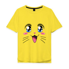 Мужская футболка хлопок Oversize с принтом Японская кошечка в Курске, 100% хлопок | свободный крой, круглый ворот, “спинка” длиннее передней части | аниме | глаза | глазки | девушкам | киса | кот | коте | котенок | кошечка | кошка | милые создания | мордочка | японская кошечка